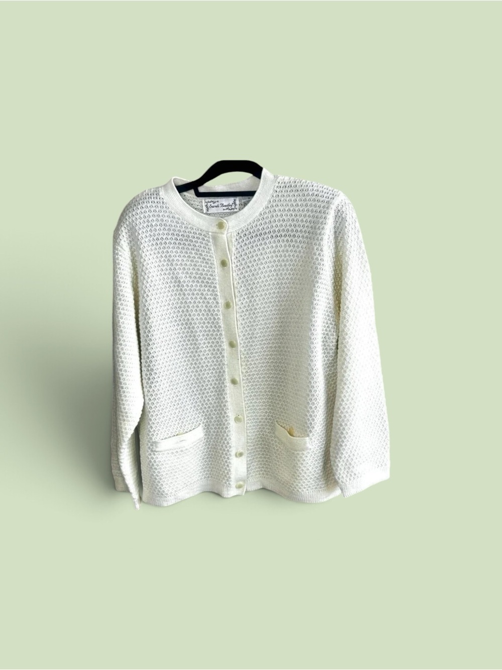 Sarah Bentley Vintage White Textured Knit Grandma Cardigan Sweater Size XL